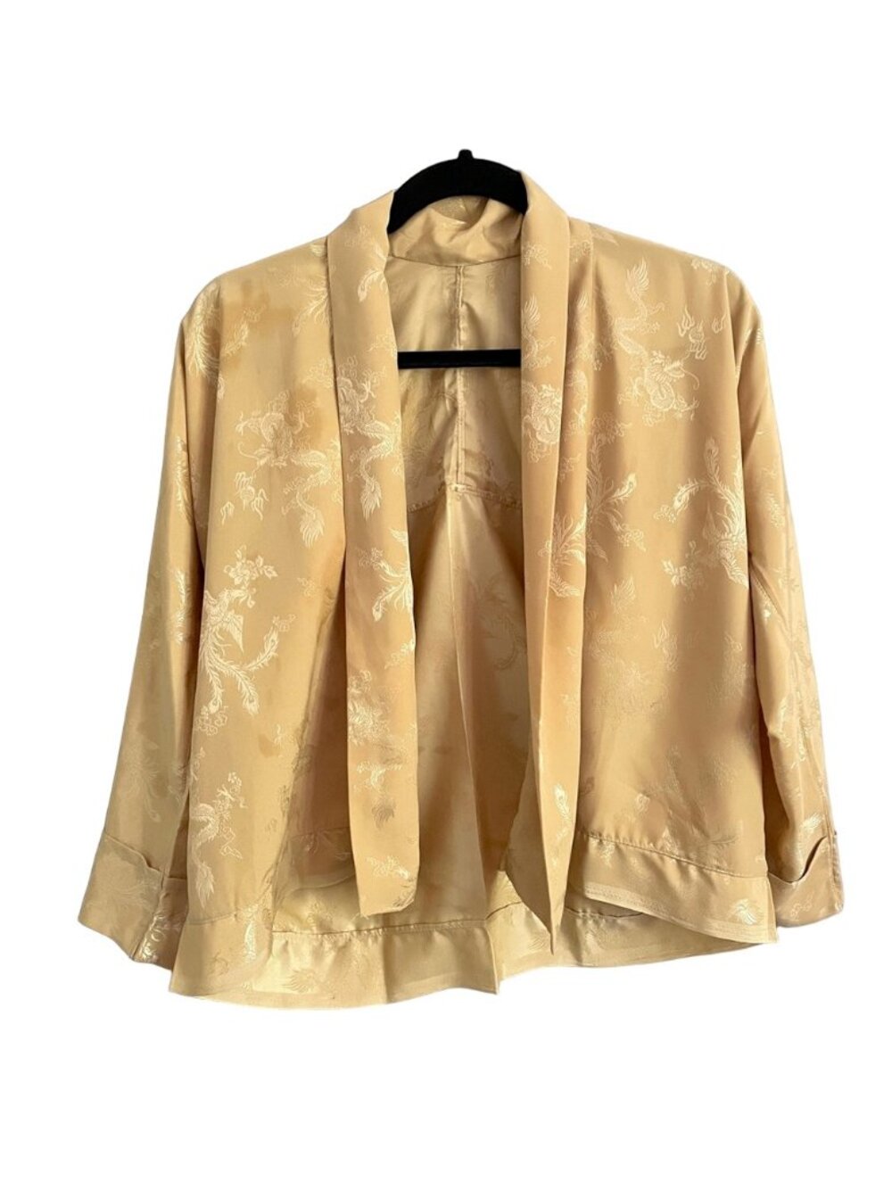 Vintage Warm Beige Silky Brocade Open Kimono Robe Jacket - Small - Picture 8 of 9